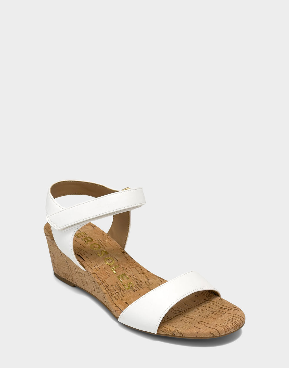 Comfortable Women's Wedge Sandal in White Faux Leather Side Angle View