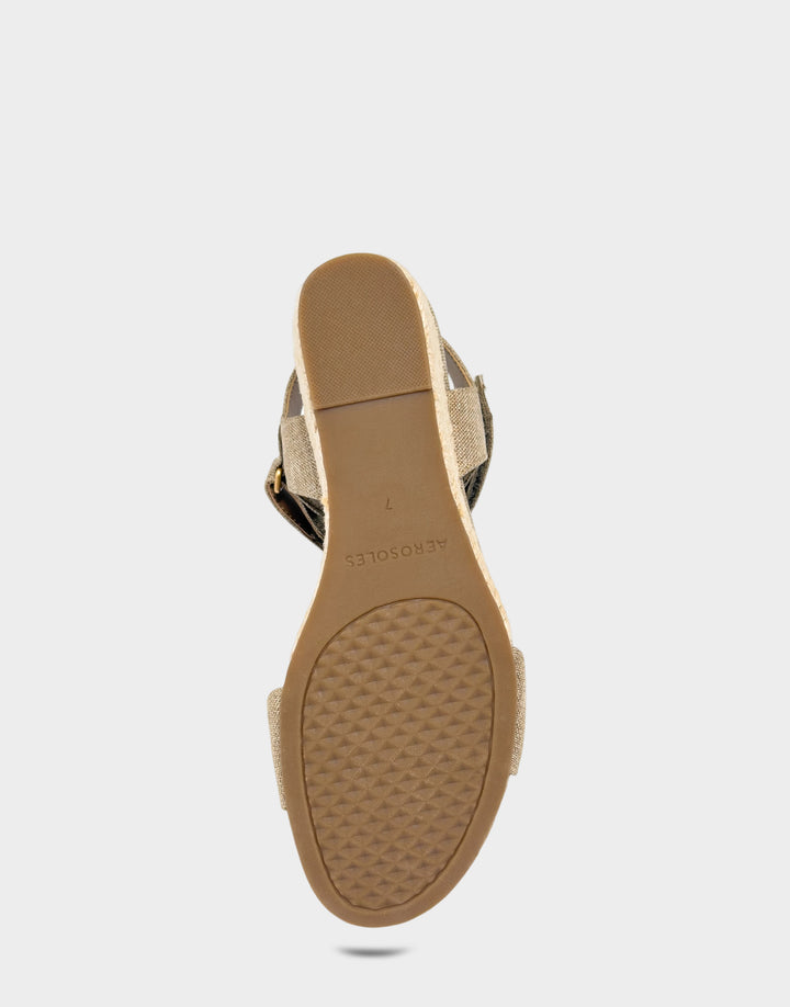 Comfortable Women's Wedge Sandal in Brown Linen Bottom View