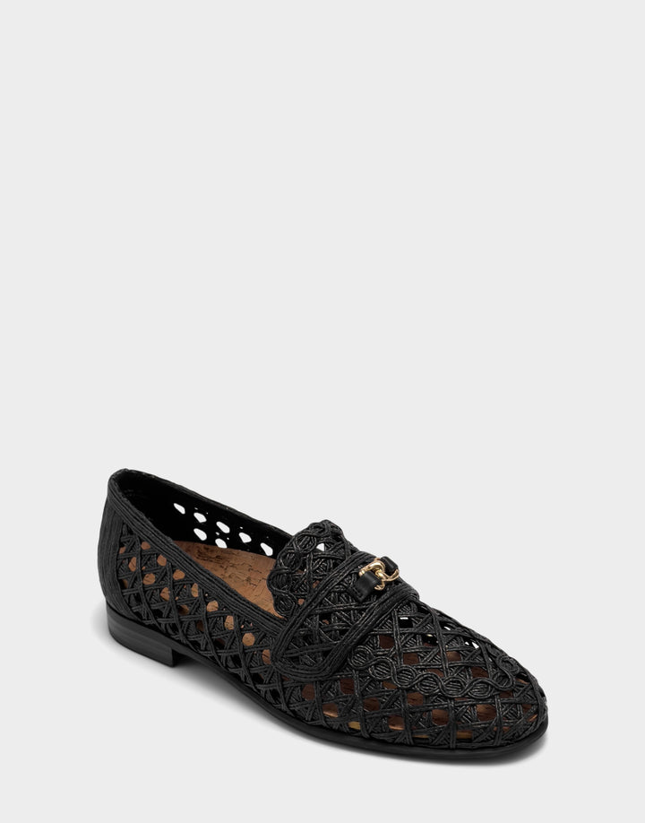 Comfortable Women's Dress Flat in Black Faux Raffia Side Angle View