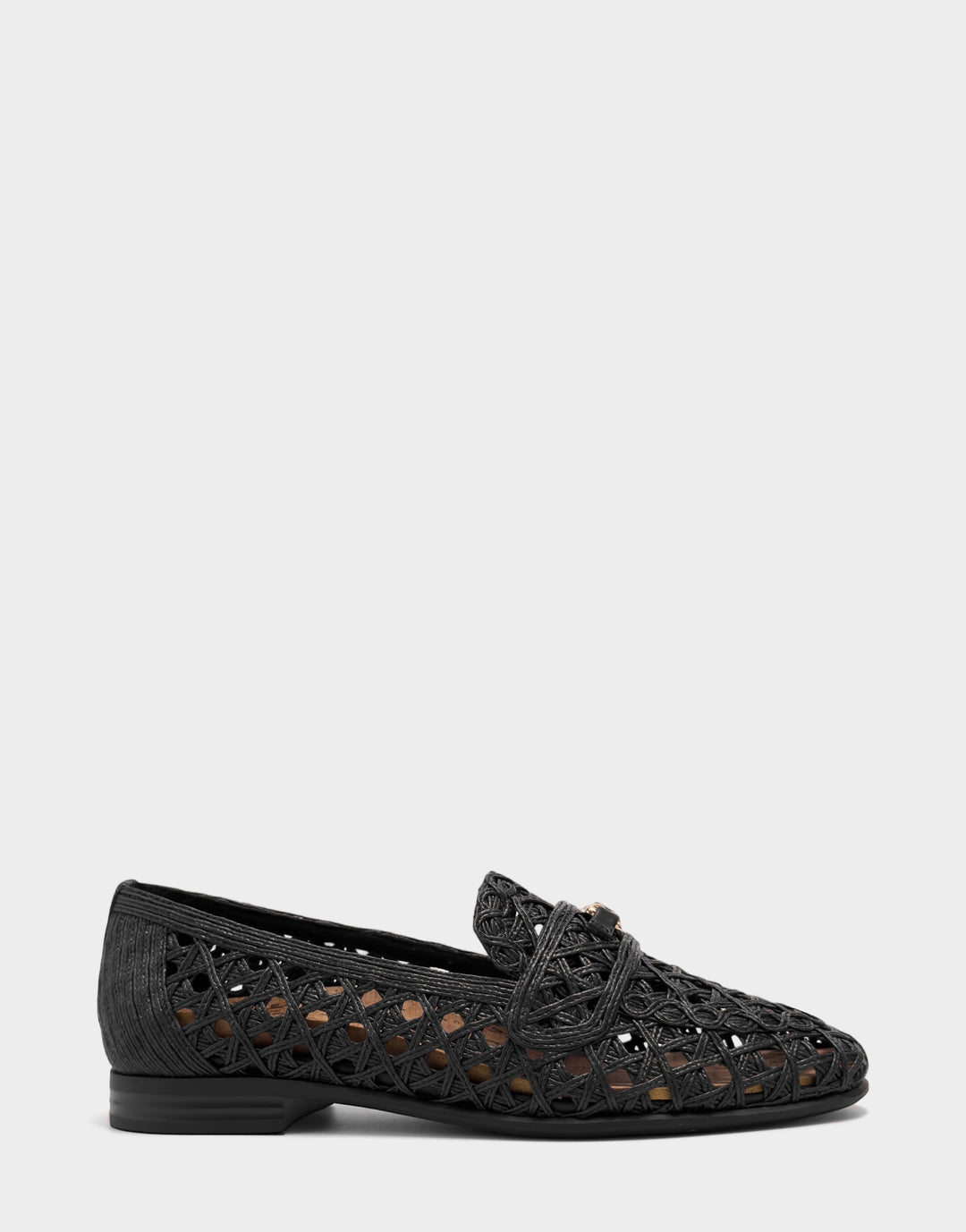 Comfortable Women's Dress Flat in Black Faux Raffia Side View