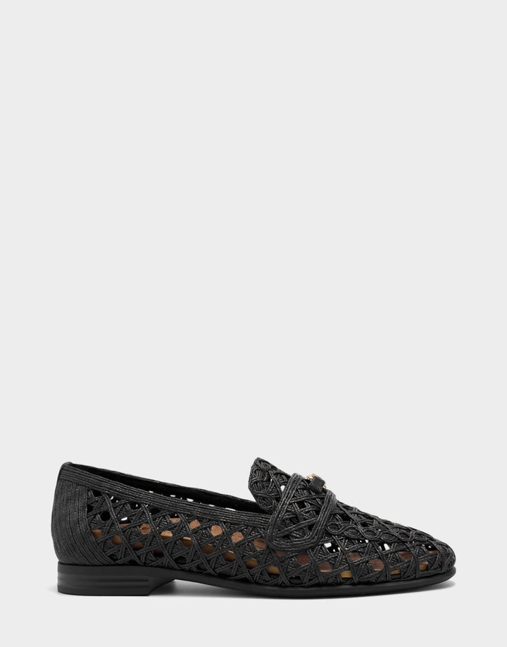Comfortable Women's Dress Flat in Black Faux Raffia Side View