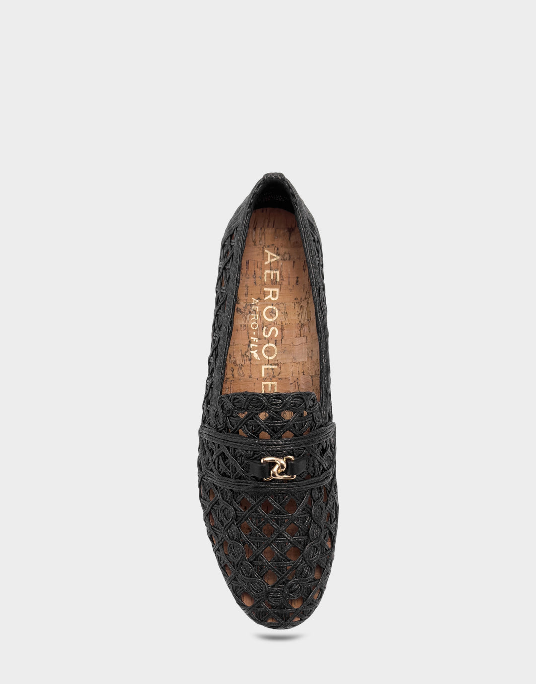 Comfortable Women's Dress Flat in Black Faux Raffia Full Front View
