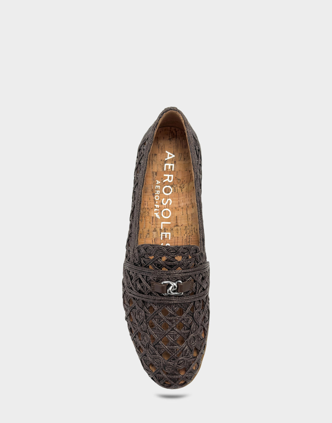 Comfortable Women's Dress Flat in Brown Faux Raffia Full Front View