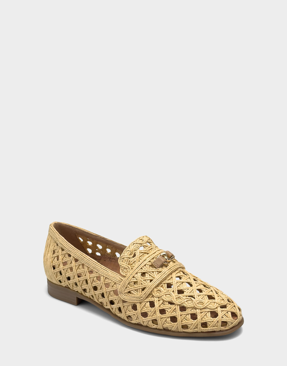 Comfortable Women's Dress Flat in Natural Faux Raffia Side Angle View