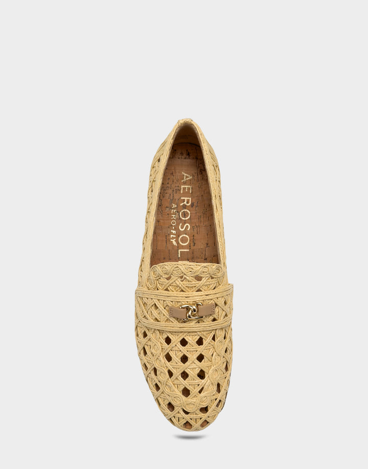 Comfortable Women's Dress Flat in Natural Faux Raffia Full Front View