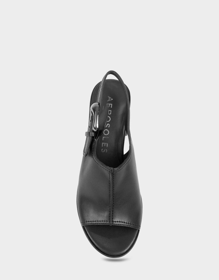 Comfortable Women's Zella Platform Sandal In Black Faux Leather, top view