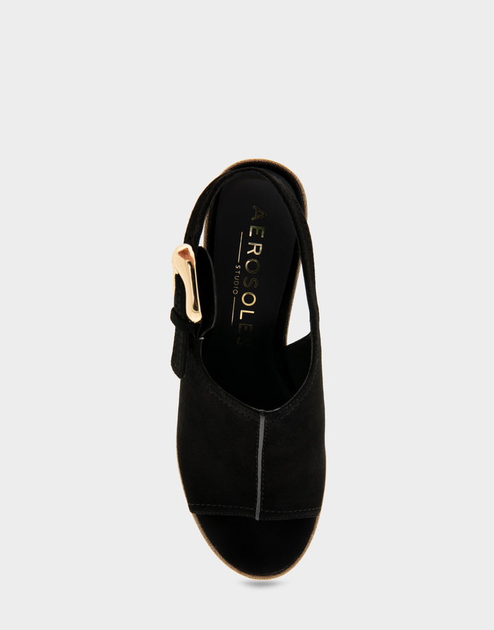 Comfortable Women's Platform Sandals in Black Suede, top view 