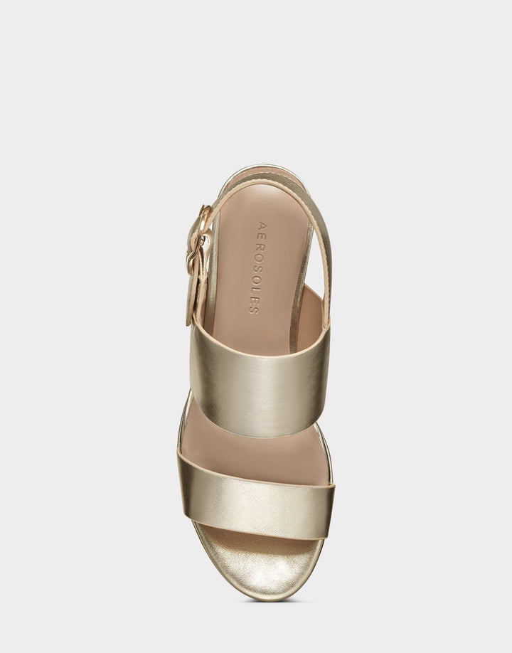 Comfortable Women's Platform Sandal in Gold Metallic Leather Top View 
